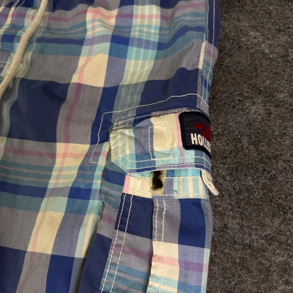 Hollister Mens Plaid Cargo Board Shorts Blue Pink Large Swim Trunks Drawstring